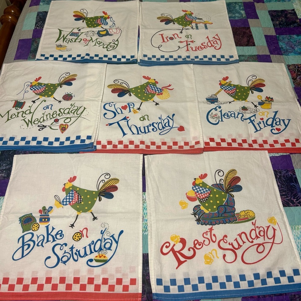 Vintage Kitchen Day of the Week Tea Towels - Chickens Doing‎ Chores